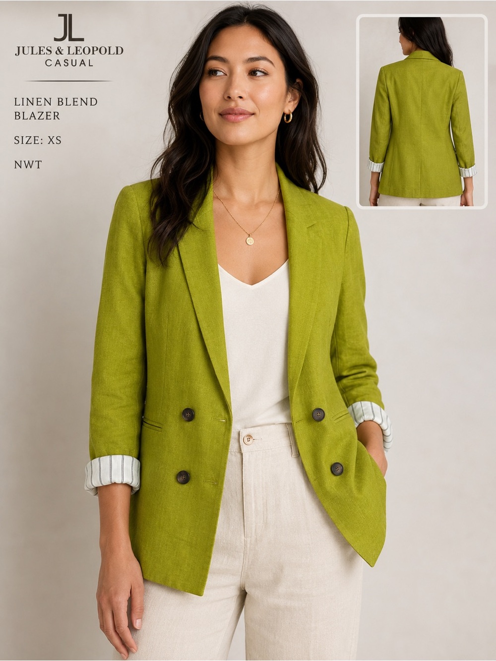 NWT Jules & Leopold Casual Linen Blend Double-Breasted Blazer XS Green Parisian